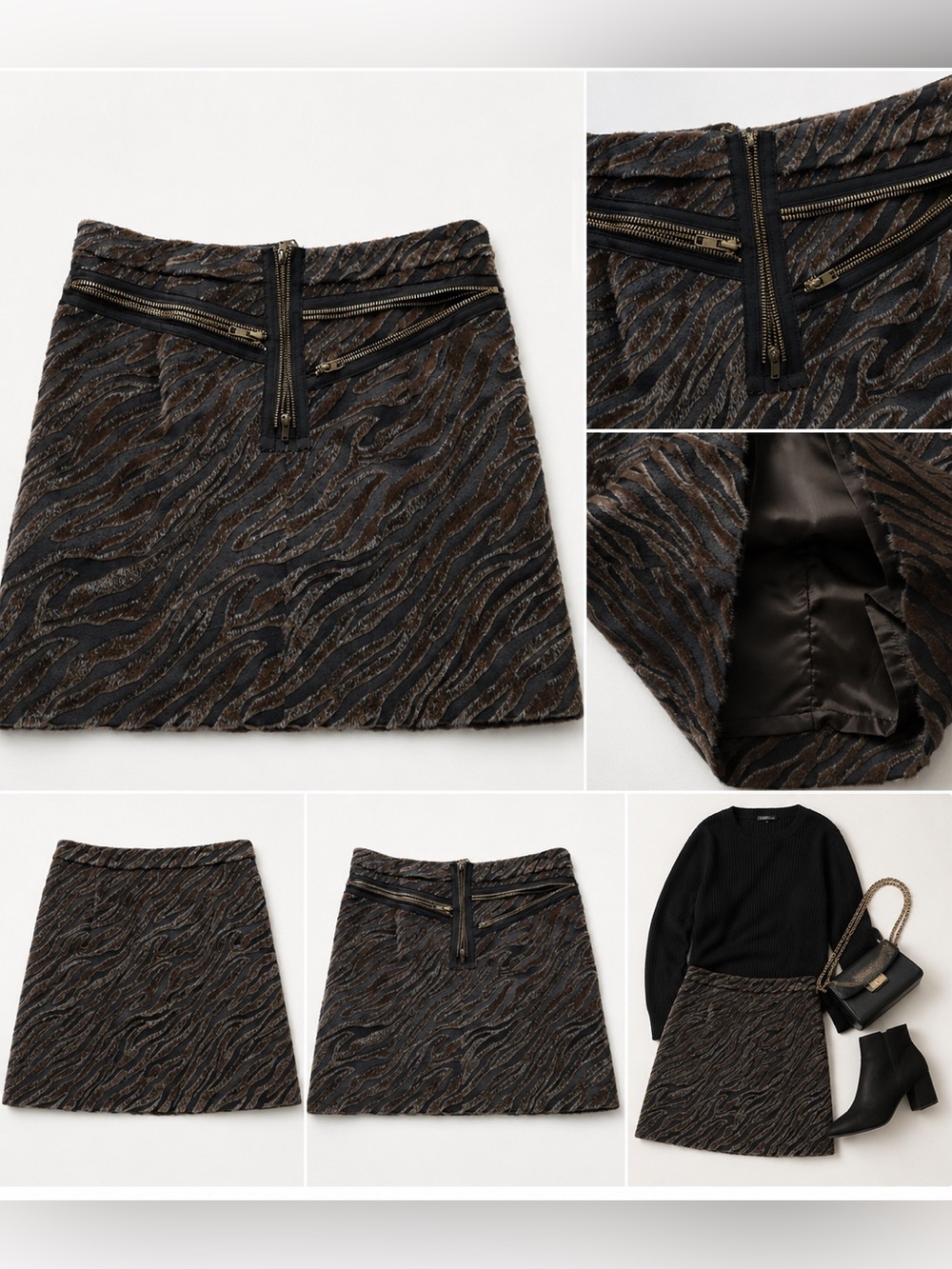 Brown Black Zebra Faux Fur Mini Skirt Exposed Zippers